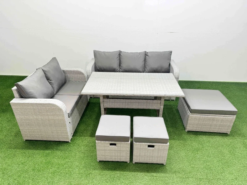 Image of Fimous 8 Seater PE Rattan Wicker Garden Furniture Patio Conservatory Sofa Set with Rectangular Dining Table 3 Seater Sofa Love Sofa 3 Stool Light Grey