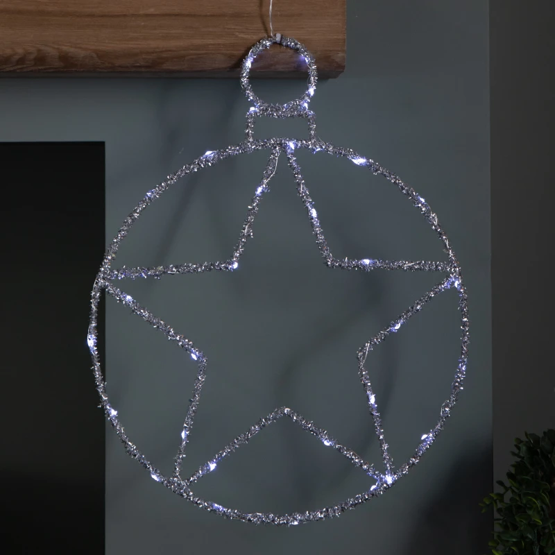 Image of 49cm Battery Powered Light up Christmas Silver Star Ball with Twinkling White LEDs