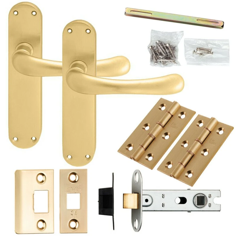 Image of Loops Door Handle & Latch Pack Satin Brass Smooth Rounded Lever Curved Backplate Metallics