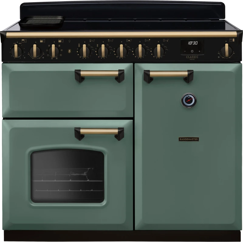 Image of Rangemaster CLDL100EIPMGR/AB1 Classic Deluxe 100cm Induction Range Cooker Antique Brass Trim 18312 - MINERAL GREEN CLDL100EIPMGR/AB1