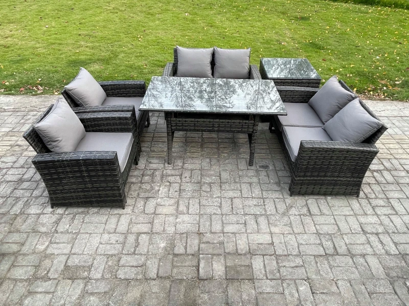 Image of Fimous Rattan Garden Furniture Set 6 Seater Patio Outdoor Lounge Sofa Set with Oblong Dining Table Double Seat Sofa Side Table in Dark Grey Dark Grey