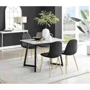 Image of Furniturebox Carson White Marble Effect Recatngular 120cm Dining Table & 4 Black Corona Faux Leather Dining Chairs with Gold Legs Diamond Stitch