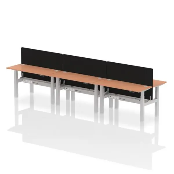 Image of Air Air Back-to-Back 1400 x 600mm Height Adjustable 6 Person Bench Desk Beech Top with Cable Ports Silver Frame with Black Straight Screen HASCP6P146