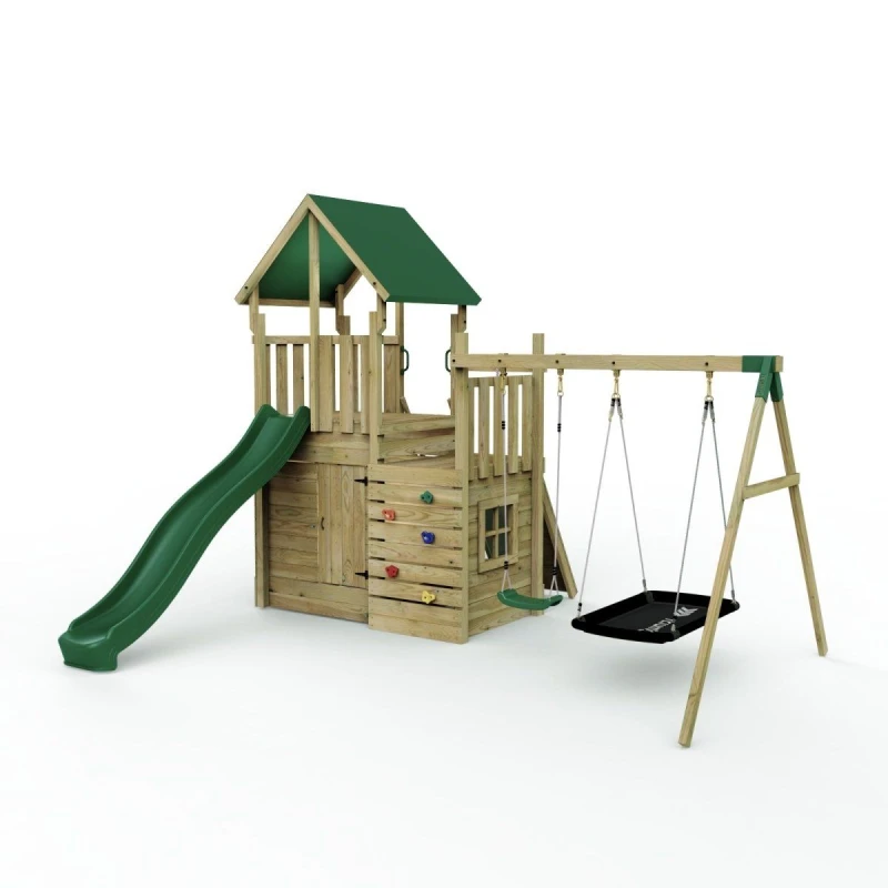 Image of Rebo Wooden Climbing Frame with Play Tower and Slide - M8 Double Swings Brown