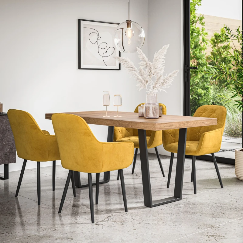 Image of More4Homes Aria Dining Table And Chairs - Oak Effect Table Top W Black Legs + Anika Velvet Dining Chair Set Of 4 (Mustard)