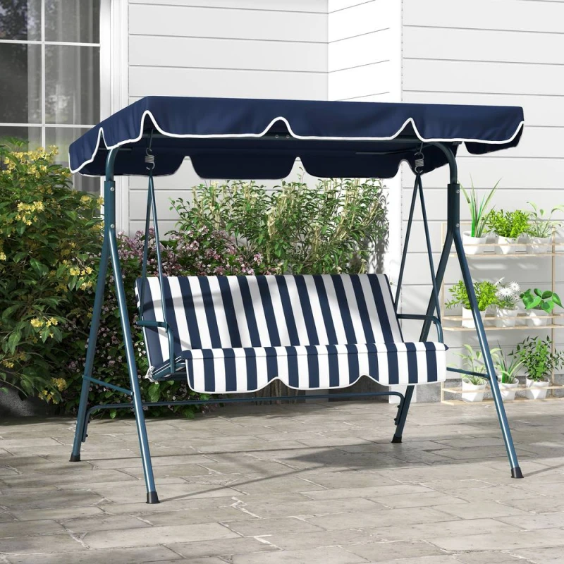 Image of Outsunny 3-person Swing Chair w/ Adj. Canopy Blue/White 84A-054V03BU