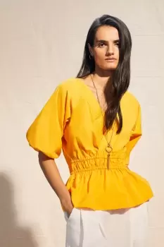 Image of Balloon Sleeve Cotton Blouse