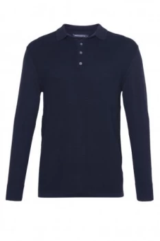 Image of Mens French Connection Textured Knit Long Sleeved Polo Shirt Blue