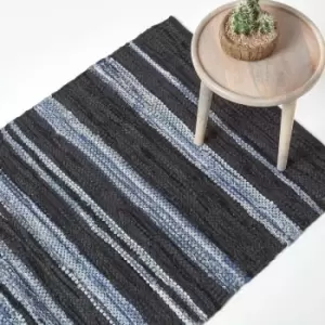 Image of Texas Leather & Denim Woven Striped Blue Rug, 160 x 230cm - Blue - Blue - Homescapes