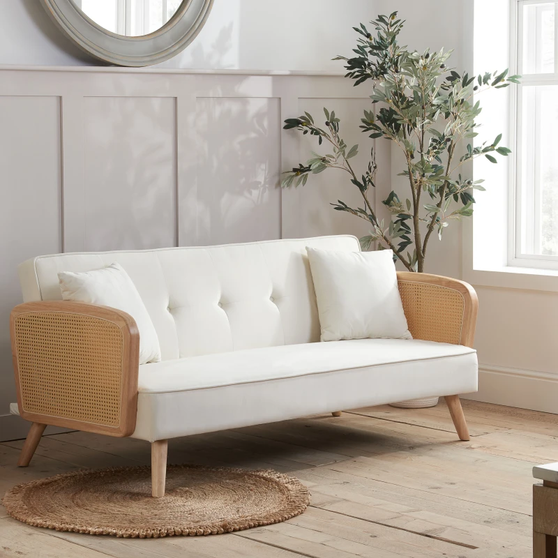 Image of Birlea Mila Rattan and White Fabric Sofa Bed