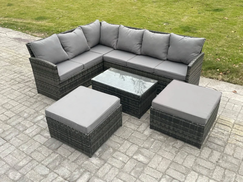 Image of Fimous 8 Seater Rattan Lounge Corner Sofa Set Wicker PE Outdoor Garden Furniture Set with Coffee Table 2 Big Fotstools Dark Grey