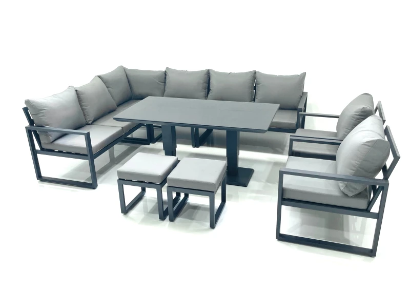 Image of Fimous Aluminum Outdoor Garden Furniture Set Corner Sofa 2 Chair 2 Small Footstool Adjustable Rising Lifting Dining Table Sets Dark Grey Dark Grey Uni