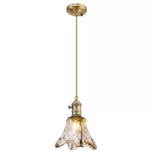 Image of Luminosa Lighting - Luminosa Leyden Switched Ceiling Pendant 1.5m, E27, Antique Brass, Golden Brown Braided Cable, Brown Flower Glass