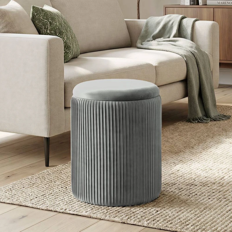 Image of HOMCOM Round Storage Ottoman with Removable Top in Grey Grey Unisex