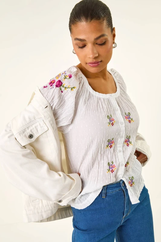 Image of Roman Womens Floral Cross Stitch Blouse in Ivory Size: 20 Ivory Female 20
