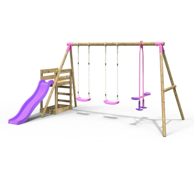 Image of Rebo Wooden Triple Swing Set with Glider and Slide - Neptune Pink Pink