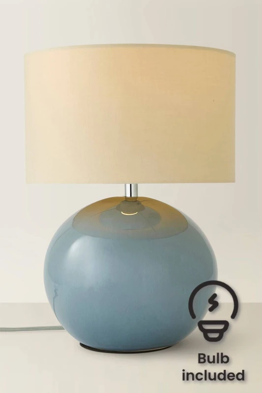 Image of ValueLights Bosco Eucalyptus Teal Globe Ceramic Table Lamp with Fabric Shade and LED Bulb Natural