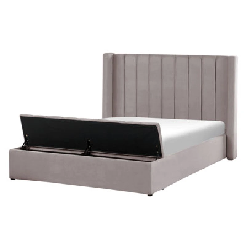 Image of Beliani Bed With Storage Bench Velvet Noyers 140 X 200 Cm (Eu Double) Grey