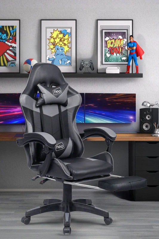 Image of Neo Foot Turbo Massage Leather Recliner PC Gaming Chair with Footrest in Grey Grey Unisex