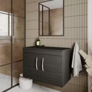 Image of Nuie - Athena Wall Hung 2-Door Vanity Unit and Worktop 800mm Wide - Charcoal Black Woodgrain