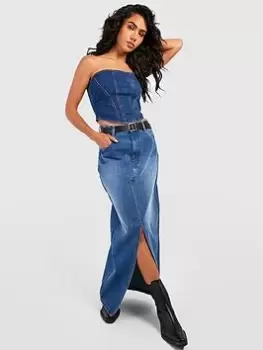 Image of Boohoo Split Front Denim Maxi Skirt - Mid Blue Size 6, Women