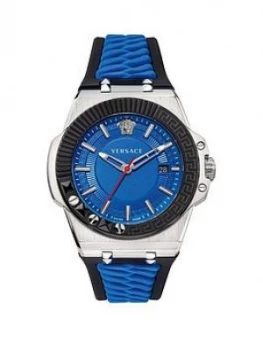 Image of Versace Chain Reaction Blue Date Dial Blue And Black Silicone Strap Mens Watch