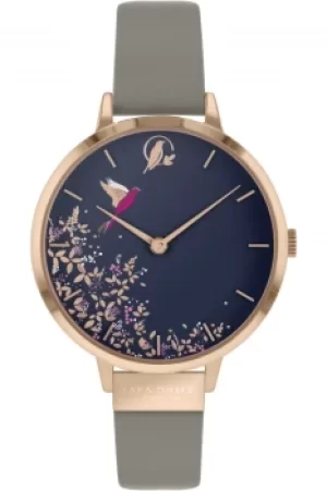 Image of Sara Miller Chelsea Ladies Mink Leather Strap Navy Small Dial Enchanted Garden Watch SA2022