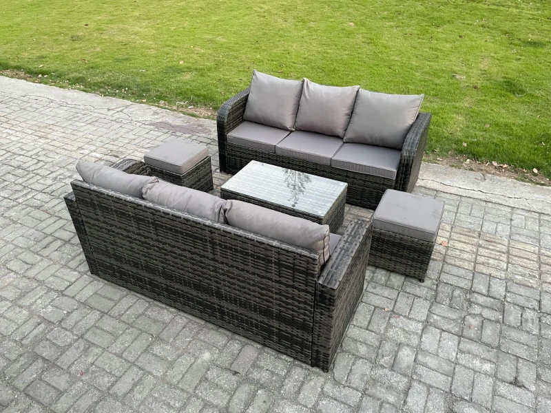 Image of Fimous Outdoor Garden Furniture Sets 8 Seater Wicker Rattan Furniture Sofa Sets with Rectangular Coffee Table 3 Seater Sofa 2 Small Footstools Dark Gr