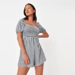 Image of Missguided Puff Sleeve Shirred Playsuit Check - Black