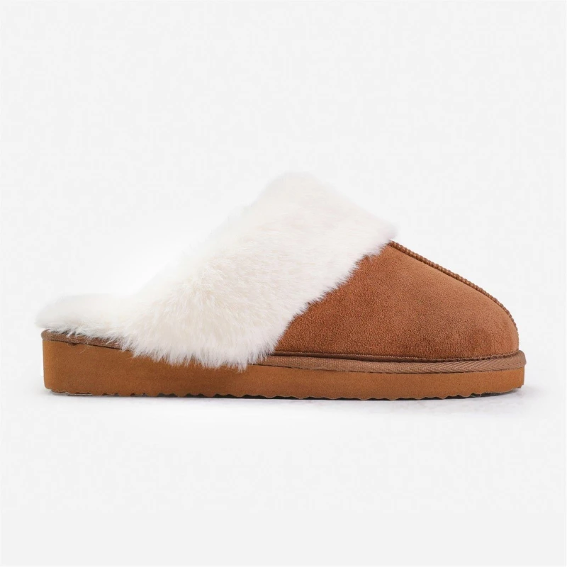 Image of Where's That From 'Comfort' Slip On Slippers With Fur Trim Brown