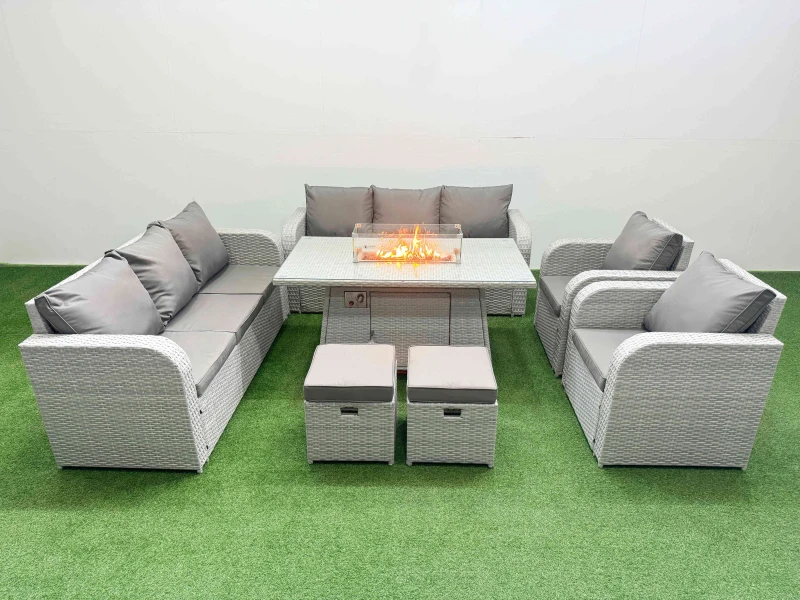 Image of Fimous PE Rattan High Back Lounge Sofa Set Patio Firepit Dining Table & Chairs Set with 3 Seater Sofa Reclining Chair Stools Light Grey Light Grey