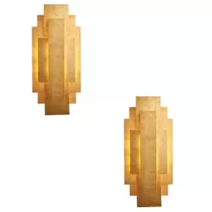 Image of 2 PACK Antique Gold Leaf Panel Wall Light - Twin G9 LED - Decorative Sconce