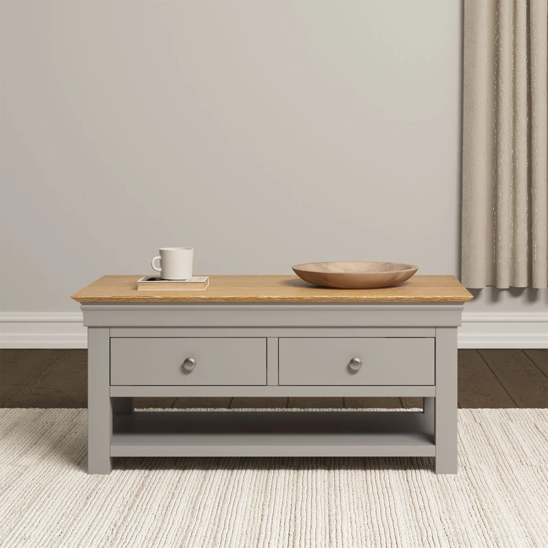 Image of Seconique Bordeaux 2 Drawer Coffee Table - Pebble Grey/oak Fully Assembled