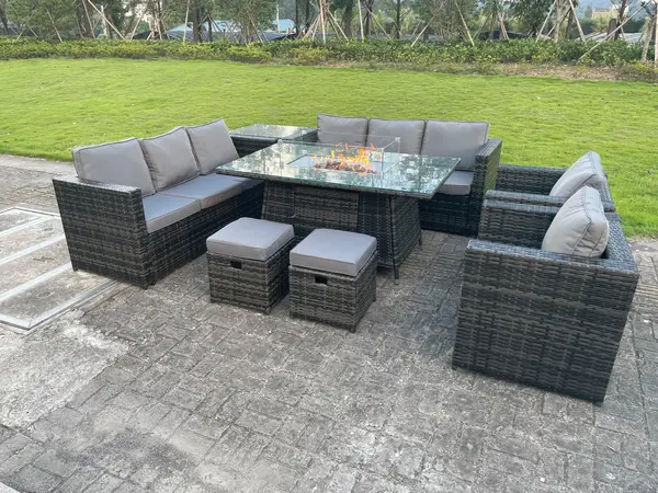 Image of Fimous 8 Seater Outdoor Dark Grey Rattan Lounge Complete Sofa Set with Gas Fire Pit and 2 Stools