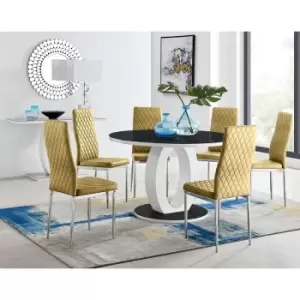 Image of Furniturebox UK - Furniturebox Giovani Black 120cm Round Dining Table and 6 Mustard Velvet Milan Dining Chairs With Silver Legs