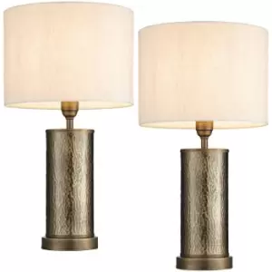 Image of 2 PACK Hammered Bronze Table Lamp Aged Metal & Off White Shade Bedside Light