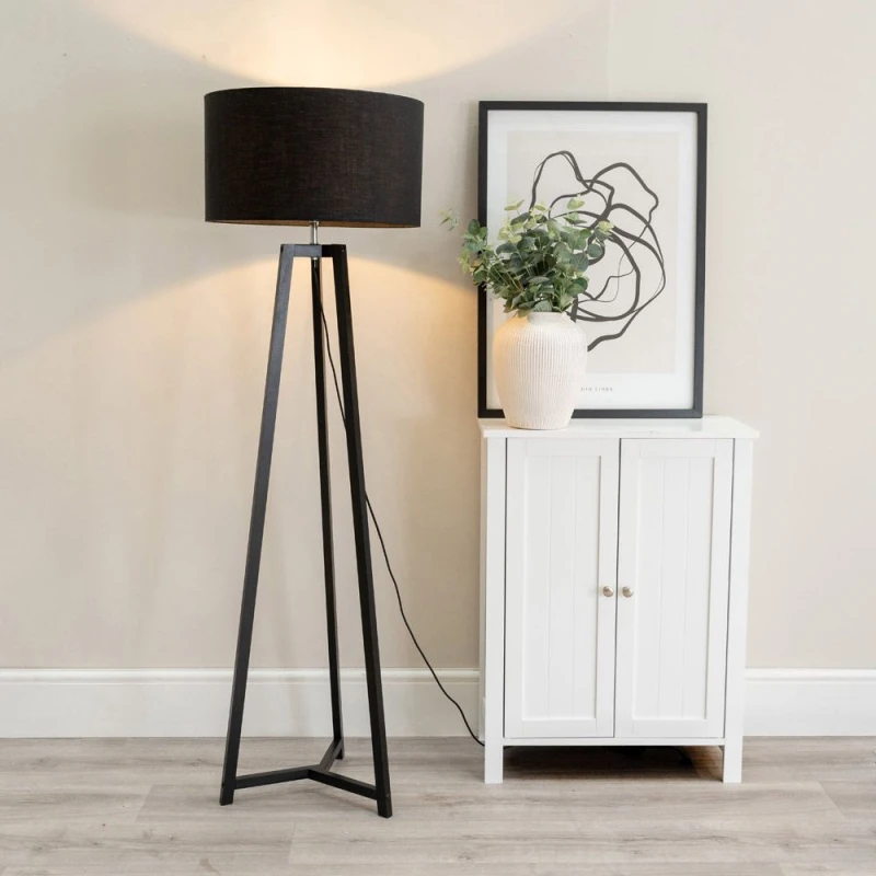 Image of ValueLights Lottie Black Wood Tripod Floor Lamp with Fabric Drum Shade Black