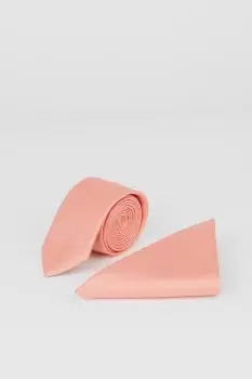 Image of Mens Coral Tie And Pocket Square Set