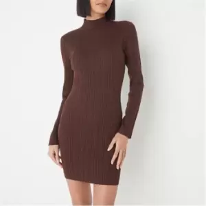 Image of Missguided Rib High Neck Knit Mini Dress - Brown