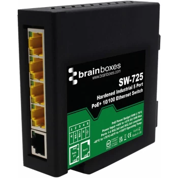 Image of SW-725 Hardened Industrial 5 Port PoE+ 10/100 Ethernet Switch - Brainboxes