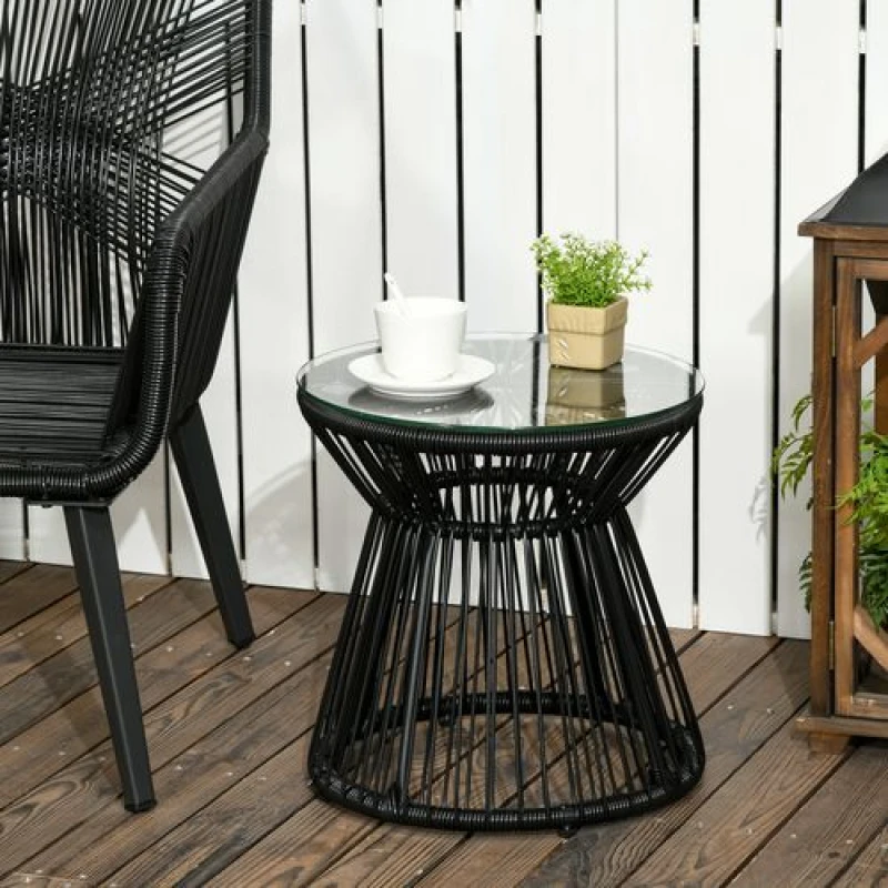 Image of Outsunny PE Rattan End Table, Round Side Table, Tempered Glass Top Coffee Table, Black Black