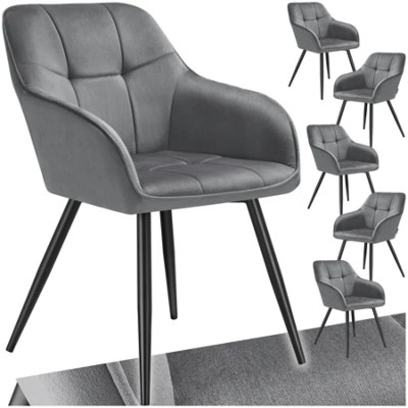 Image of Tectake Set Of 6 Dining Chair Marilyn - Velvet Look, Quilted Pattern - Grey/black