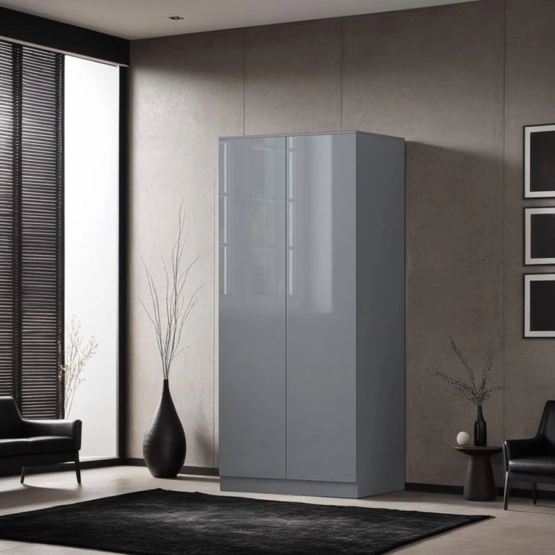 Image of FWStyle FWStyle Grey Gloss 2 Door Double Wardrobe Push Open Grey One Size Unisex 5056413123565
