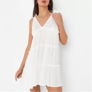 Image of Missguided Cheesecloth Tie Shoulder Tiered Beach Cover Up Mini Dress - White