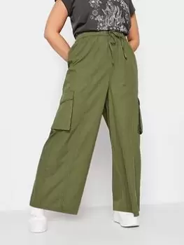 Image of Yours Washed Cargo Wide Leg Trousers Khaki, Green, Size 22, Women
