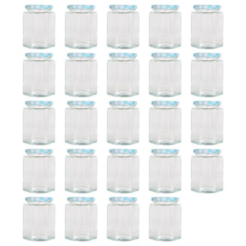 Image of Argon Tableware Hexagonal Glass Jam Jars With Blue Gingham Lids - 250ml - Pack Of 24