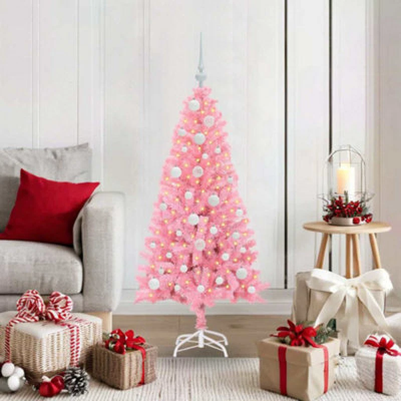 Image of vidaXL Christmas Tree with 150 LEDs, White Balls with Stand Pink 120cm PVC, Pink 3396410