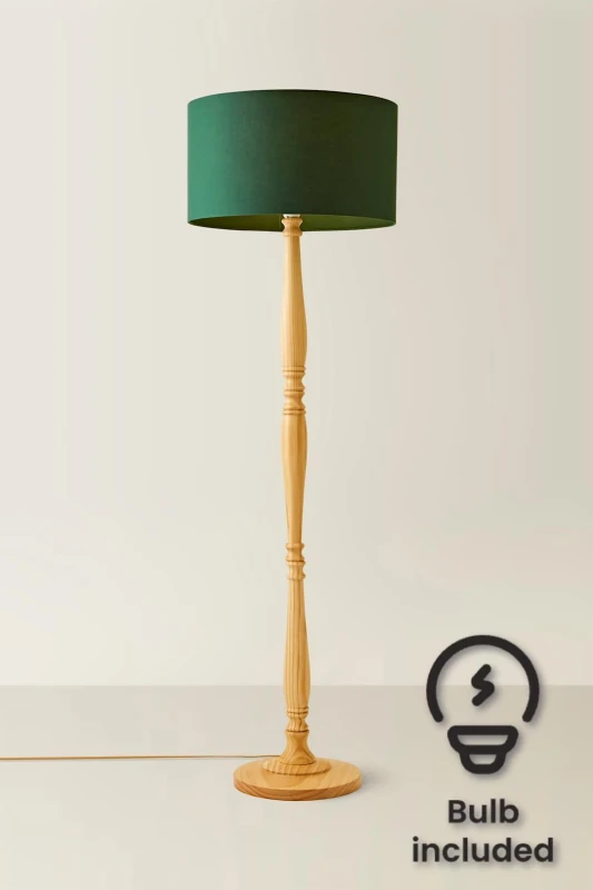 Image of ValueLights Victoria Light Wood Traditional Floor Lamp with Fabric Drum Shade and LED Bulb Green