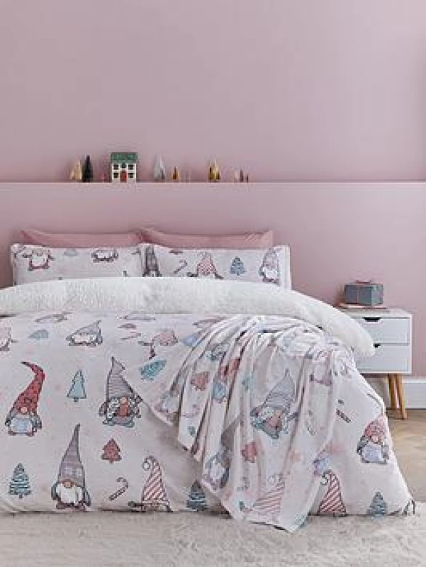 Image of Catherine Lansfield Festive Gnomes Duvet Cover Bedding Set Pink