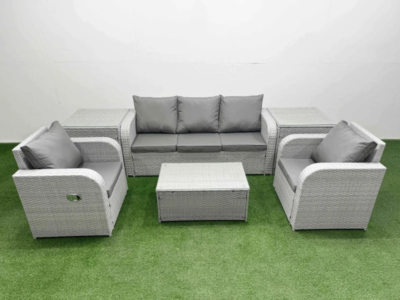 Image of Fimous PE Rattan Garden Furniture Set Reclining Chair Sofa Lounge Sofa Set Oblong Coffee Table 2 Side Table Light Grey Light Grey